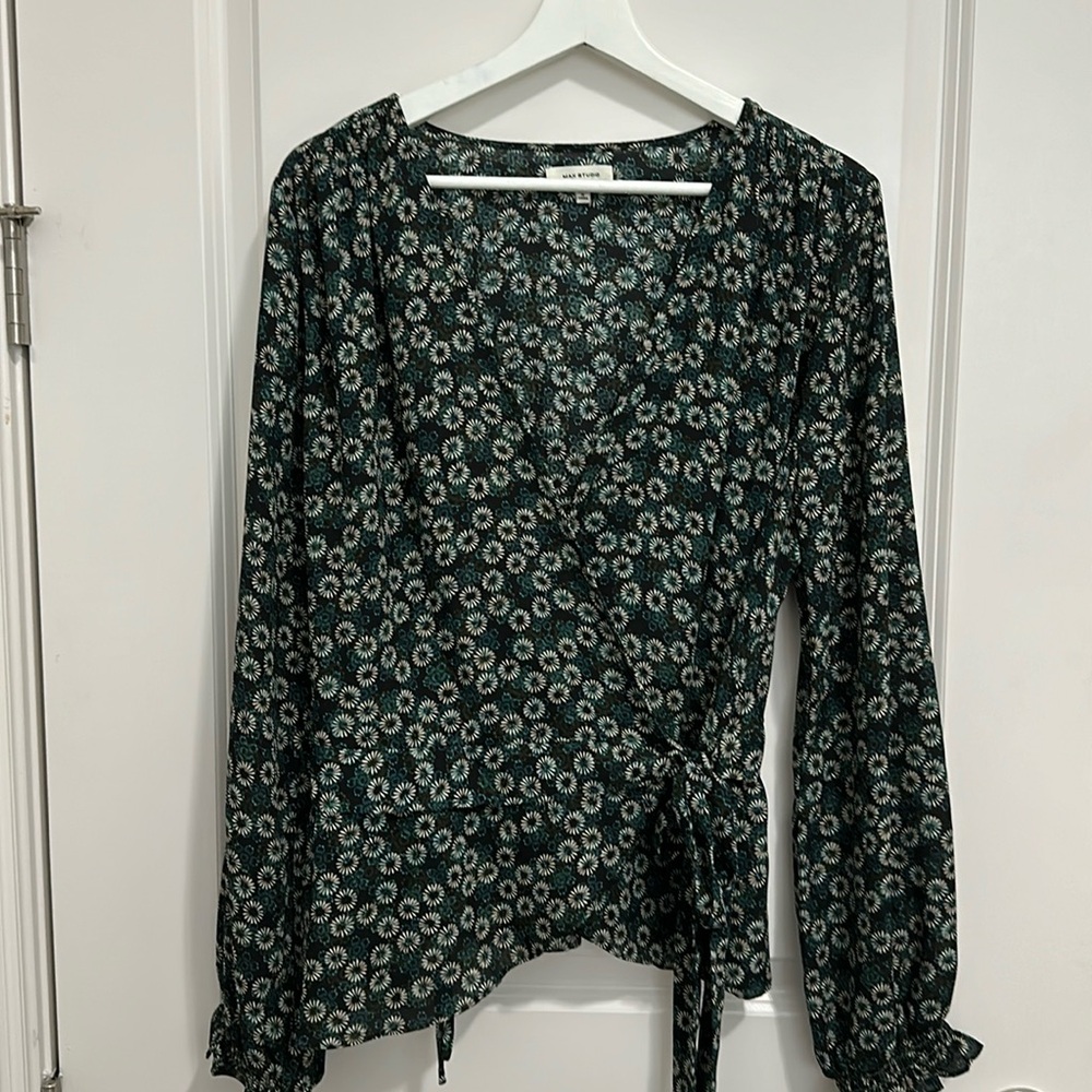 Max Studio long sleeve Black and green floral top.